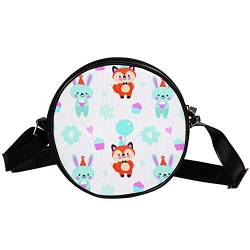 Fox and Bunny in Festive Hats Cupcakes And Hearts Background For A Birthday Canvas Crossbody Bag Round Shoulder Bag Circle Purse, mehrfarbig von nakw88