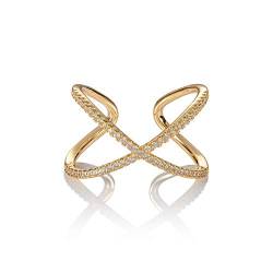 Namana Gold Kreuz-Ringe für Damen. Verstellbarer Goldring für Frauen, besetzt mit Zirkonia-Steinen. Großer Damenring mit zarten Steinen auf einem Crossover-Design. Breiter Ring mit Geschenkbox von namana