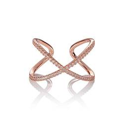 Namana Rosé Gold Kreuz-Ringe für Damen. Verstellbarer Roségoldring für Frauen, besetzt mit Zirkonia-Steinen. Großer Damenring mit Steinen auf einem Crossover-Design. Breiter Ring mit Geschenkbox von namana