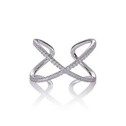 Namana Silber Kreuz-Ringe für Damen. Verstellbarer Silberring für Frauen, besetzt mit Zirkonia-Steinen. Großer Damenring mit zarten Steinen auf einem Crossover-Design. Breiter Ring mit Geschenkbox von namana