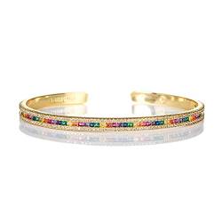 namana Regenbogen Armreif in Bunt für Damen, Manschettenarmband in Gold für Frauen mit bunten Regenbogen-Zirkonia-Steinen, Offener Mehrfarbiger Armreif mit Geschenkbox von namana