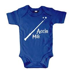 net-shirts Organic Baby Body mit Accio Milk Aufdruck Spruch Motiv süß Cute Strampler aus Bio-Baumwolle Inspired by Harry Potter, Größe 6-12 Monate, blau von net-shirts