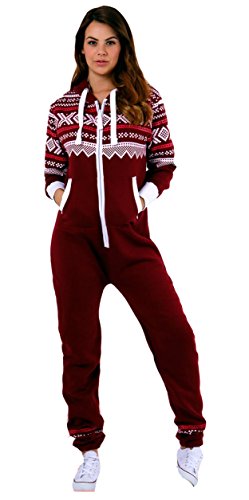 Newfacelook frauen gedruckt onesie mit kapuze alle in einem zip hoodie damen Overall Trainingsanzug, H-AZTEC-WINE, XL von newfacelook