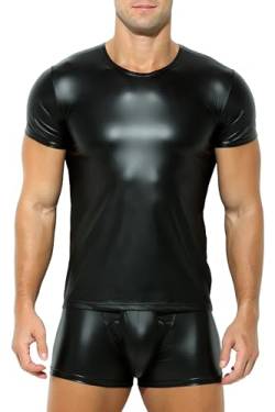 Herren Latex T-Shirt schwarz Leder Optik Männer Shirt Unterhemd Kurzarm Unterwäsche Stretch Hemd Tops Clubwear Guywear Gogo Swingerclub Freizeithemd Sommer Muskel Top Lack-Leder Vinyl Oberteil (XL) von niceprice