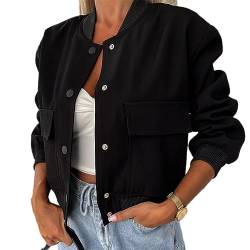 nicticsi Damen Bomberjacke Casual Kurze Pilotenjacke Langarm Outwear Zip Up Bomber Jacket Solid Leichte Coat Herbst Sweatjacke Frühling Übergangsjacke A Schwarz M von nicticsi