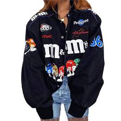 nicticsi Damen Bomberjacke College Oversized Patchwork Bedruckte Jacke 90S Vintage Racing Sweatjacke Reißverschluss Sweat Jacket Baseball Mantel Übergangsjacke Teenager Frühling Herbst A1 Schwarz M von nicticsi