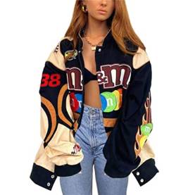 nicticsi Damen Bomberjacke College Oversized Patchwork Bedruckte Jacke 90S Vintage Racing Sweatjacke Reißverschluss Sweat Jacket Baseball Mantel Übergangsjacke Teenager Frühling Herbst A13 Schwarz L von nicticsi