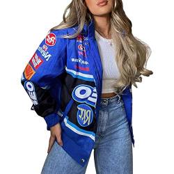 nicticsi Damen Bomberjacke College Oversized Patchwork Bedruckte Jacke 90S Vintage Racing Sweatjacke Reißverschluss Sweat Jacket Baseball Mantel Übergangsjacke Teenager Frühling Herbst A5 Blau M von nicticsi