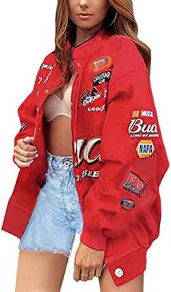 nicticsi Damen Bomberjacke College Oversized Patchwork Bedruckte Jacke 90S Vintage Racing Sweatjacke Reißverschluss Sweat Jacket Baseball Mantel Übergangsjacke Teenager Frühling Herbst A6 Rot L von nicticsi