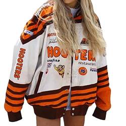 nicticsi Damen Bomberjacke College Oversized Patchwork Bedruckte Jacke 90S Vintage Racing Sweatjacke Reißverschluss Sweat Jacket Baseball Mantel Übergangsjacke Teenager Frühling Herbst A8 Orange XXL von nicticsi