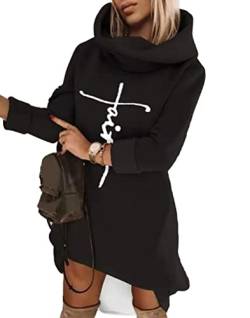 nicticsi Damen Hoodie Kleid Pullover Langarm Sweatshirts Kapuzenpullover Tops Herbst Mini Kleid Mit Taschen Lässig Langarm Tunika Kleider Sweatkleid mit Kapuze B Schwarz XL von nicticsi