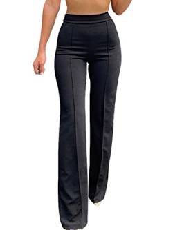 nicticsi Damen Hosen Hohe Taille Breites Bein Palazzo Hose Schlaghose Anzughose Business Einfarbige Lange Geradehose Skinny Freizeithose A Schwarz 3XL von nicticsi