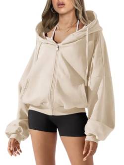 nicticsi Damen Kapuzenpullover Hoodie Sweatshirt mit Kapuze Oberteile Zip Up Casual Langarm Shirts für Frauen Sweatjacke Einfarbig Tops mit Tasche A Beige L von nicticsi