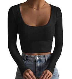 nicticsi Damen Langarmshirt Strick Crop Top Elegant Quadratischem Kragen Slim Fit Oberteile Basic Einfarbig Pullover Langarm T-Shirt Sexy Bauchfrei Blouse Y2K Ribbed Streetwear A Schwarz L von nicticsi