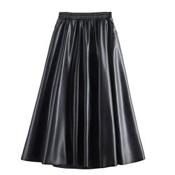 nicticsi Damen Lederrock Midi Lange Röcke A-Linie Faltenrock High Waist Side Zip PU Leder Ausgestellter Skaterrock Retro Elegant Winterrock B Schwarz Einheitsgröße von nicticsi