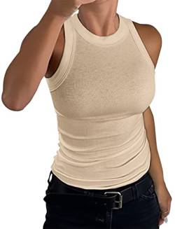 nicticsi Damen Tanktop Ärmellose Rundhals Oberteile Basic Sommer Racerback Slim Fit Neckholder Shirts Elegant Ribbed Knit Cami Top Mode Einfarbig Unterhemden Crop Tops A Beige L von nicticsi