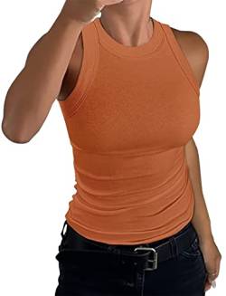 nicticsi Damen Tanktop Ärmellose Rundhals Oberteile Basic Sommer Racerback Slim Fit Neckholder Shirts Elegant Ribbed Knit Cami Top Mode Einfarbig Unterhemden Crop Tops A Orange L von nicticsi