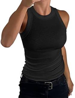 nicticsi Damen Tanktop Ärmellose Rundhals Oberteile Basic Sommer Racerback Slim Fit Neckholder Shirts Elegant Ribbed Knit Cami Top Mode Einfarbig Unterhemden Crop Tops A Schwarz M von nicticsi