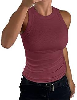 nicticsi Damen Tanktop Ärmellose Rundhals Oberteile Basic Sommer Racerback Slim Fit Neckholder Shirts Elegant Ribbed Knit Cami Top Mode Einfarbig Unterhemden Crop Tops A Weinrot L von nicticsi