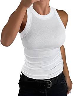 nicticsi Damen Tanktop Ärmellose Rundhals Oberteile Basic Sommer Racerback Slim Fit Neckholder Shirts Elegant Ribbed Knit Cami Top Mode Einfarbig Unterhemden Crop Tops A Weiß L von nicticsi