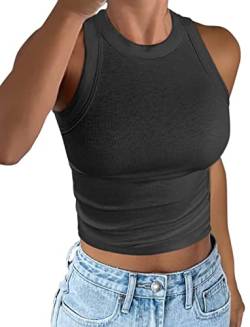 nicticsi Damen Tanktop Ärmellose Rundhals Oberteile Basic Sommer Racerback Slim Fit Neckholder Shirts Elegant Ribbed Knit Cami Top Mode Einfarbig Unterhemden Crop Tops B Schwarz S von nicticsi