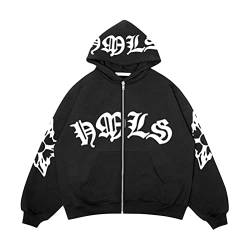 nicticsi Herren Damen Kapuzenpullover Zip Up Hoodie Hip Hop Sweatshirt Jacke Goth Druck Kapuzenjacke mit Reißverschluss Straßenmode Vintage Y2K Harajuku Paare Unisex Herbst Frühling Schwarz N M von nicticsi