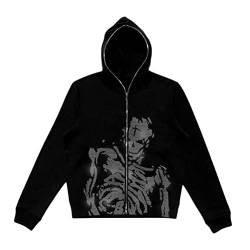 nicticsi Herren Damen Kapuzenpullover Zip Up Hoodie Hip Hop Sweatshirt Jacke Goth Druck Kapuzenjacke mit Reißverschluss Straßenmode Vintage Y2K Harajuku Paare Unisex Herbst Frühling Schwarz5 A XL von nicticsi