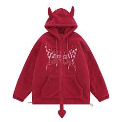 nicticsi Hoodie Damen Kapuzenpullover Y2K Teddy-Fleece Pullover Winterjacke Plüschjacke Herbst Winter Casual Warm Sweatshirt Outwear Teenager Mädchen Plüsch Mantel mit Teufelshörner Kapuze A Rot M von nicticsi