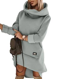 nicticsi Hoodie Damen Lang Sweatshirts Pullover Kleid Einfarbig Langarm Kapuzenpullover Herbst Minikleid Pulli Vintage Tunika Kleid mit Taschen A Grau S von nicticsi