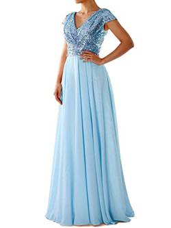 nicticsi Kleid Damen Elegant Pailletten V Ausschnitt Chiffon Bodenlang Abendkleid Sexy Kurzarm Hoch Taille Cocktailkleid Abschlussball Partykleid Maxikleid Brautjungfernkleid A Hellblau L von nicticsi