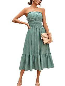 nicticsi Sommerkleid Damen Sexy Trägerloses Brustwickelkleid Elegant Einfarbig Rüschen Lange Kleid Freizeitkleid Hohe Taille Lässig Strandkleid Casual Lose Flowy Kleid Cocktailkleid A Grün XL von nicticsi