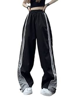 nicticsi Track Pants Damen Y2K Fallschirmhosen Teenager Elastische Taille Vintage Weites Bein Baggy Parachute Pants Mode Casual Cargohose 90Er Streetwear Mit Kordelzug Und Taschen B Schwarz S von nicticsi