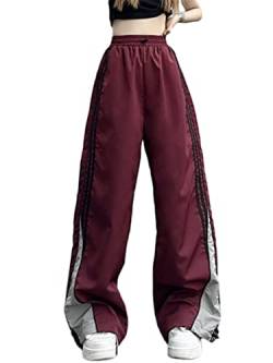 nicticsi Track Pants Damen Y2K Fallschirmhosen Teenager Elastische Taille Vintage Weites Bein Baggy Parachute Pants Mode Casual Cargohose 90Er Streetwear Mit Kordelzug Und Taschen B Weinrot S von nicticsi