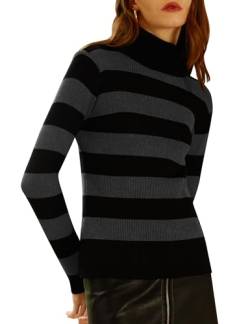 ninovino Damen Rollkragen Gerippt Langarm Sweater Pullover Tops, Schwarz Grau gestreift, Mittel von ninovino