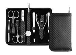 nippes Solingen Premium Line Maniküre Set Karbon, 7-teilig, Edelstahl rost- und nickelfrei, Rindsleder-Etui mit Reißverschluss, Schwarz, Nagelpflege Set, Pediküre Maniküre, Made in Germany von nippes Solingen