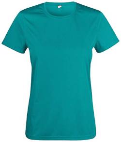 Atmungsaktives Damen-T-Shirt für Fitness, Sport und Freizeit mit UV50-Sonnenschutz. Das Sportshirt besteht zu 100% aus Polyester und verwendet Spin-Dye-Gewebe Türkis XS von noTrash2003