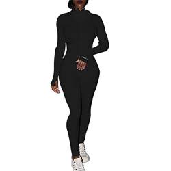 nonotse Einteiliger figurbetonter Damen-Overall, langärmelig, Sportbekleidung, Reißverschluss, Clubwear, Schwarz , M von nonotse