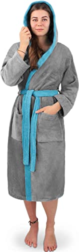 normani Damen Frottee Baumwoll Bademantel - Saunamantel - zweifarbig mit Kapuze (Gr. XS - 4XL) Farbe Grau/Blau Größe 4XL von normani