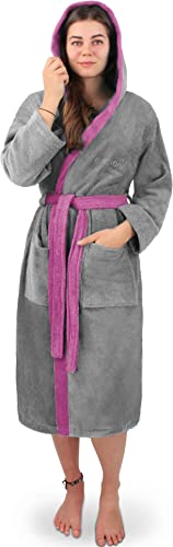 normani Damen Frottee Baumwoll Bademantel - Saunamantel - zweifarbig mit Kapuze (Gr. XS - 4XL) Farbe Grau/Rosa Größe M von normani