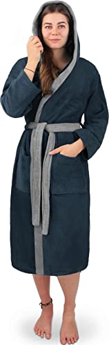 normani Damen Frottee Baumwoll Bademantel - Saunamantel - zweifarbig mit Kapuze (Gr. XS - 4XL) Farbe Marine/Grau Größe XL von normani