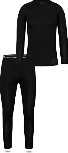 normani Damen Merino Unterwäsche-Set Garnitur (Langarmshirt Unterhemd und Unterhose) 100% Merinowolle Thermounterwäsche Ski-Funktionsunterwäsche Farbe Schwarz/Rundhals Größe XS von normani