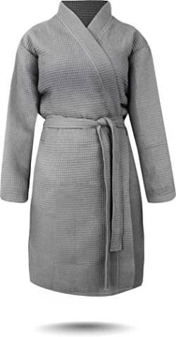 normani Damen dünner Bademantel aus 100% Baumwolle - langer Kimono mit Waffeloptik - Waffelbademantel für Frauen Farbe Grau Größe M von normani