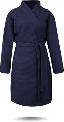 normani Damen dünner Bademantel aus 100% Baumwolle - langer Kimono mit Waffeloptik - Waffelbademantel für Frauen Farbe Navy Größe S von normani
