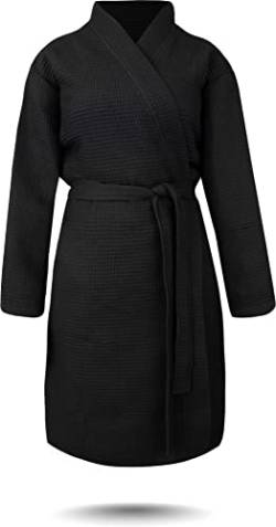 normani Damen dünner Bademantel aus 100% Baumwolle - langer Kimono mit Waffeloptik - Waffelbademantel für Frauen Farbe Schwarz Größe XS von normani