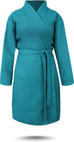normani Damen dünner Bademantel aus 100% Baumwolle - langer Kimono mit Waffeloptik - Waffelbademantel für Frauen Farbe Türkis Größe XL von normani