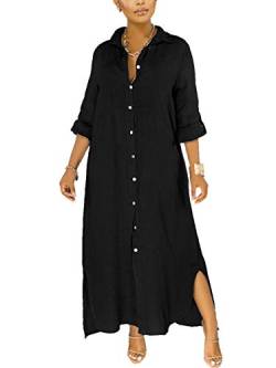 nqgsntc Damen V-Ausschnitt gekrempelte Ärmel Futter Kleid Button Down Seitenschlitz Shirt Maxikleider, schwarz, XX-Large von nqgsntc