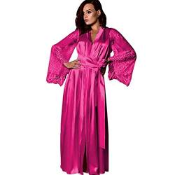 nvtuuer Spitze Bademantel Damen Lang Satin Kimono Morgenmantel Robe Seide Weiche Negligee Lange Ärmel Nachtwäsche V Ausschnitt für Hochzeit Pajama Party (Pink, XL) von nvtuuer