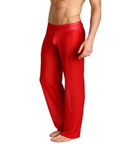 Herren Hose transparent Netz Nachtwäsche Männer Reizvoll Unterwäsche Nylon Hose Herren Mesh durchsichtige Lange Hose Sheer Pant Männer Hose Netz-Stoff aus feinster Tüll Stoff (Rot, L) von nyk