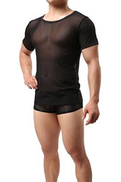 Herren T-Shirt Transparent Schwarz Netz Tank Top Shirt Nachtwäsche Männer Reizvoll Unterwäsche Slim Muscle Shirt Nylon Hemd Sexy Unterwäsche Herren Unterhemd Mesh Top durchsichtiges Oberteil (L) von nyk