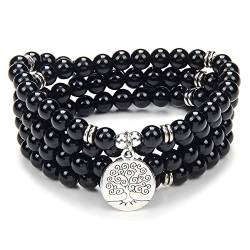 108 Mala Perlen Armband-Mala Perlen Meditation Balance Baum des Lebens Armband-Meditation 108 Mala Stress Angst Relief Halskette (Schwarzer Achat (Black Agate)) von oasymala